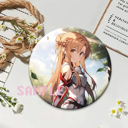 Round anime badge featuring an anime character with light brown hair and silver armor from sword art online