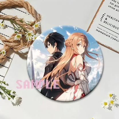 Sword art online kirito lapel pin featuring black and blonde hair anime characters on glossy round anime badge