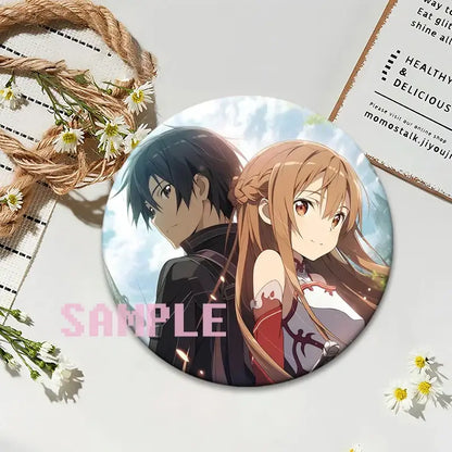 Circular sword art online kirito lapel pin featuring male character in black and female in red and white against sky background