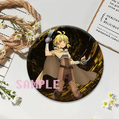 Sword art online kirito round anime badge featuring blonde character in beige cloak and brown armor with gold streaks background