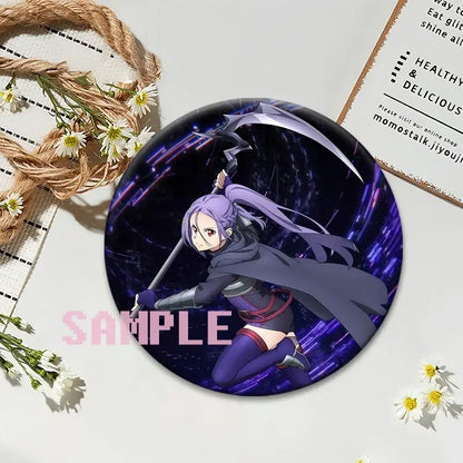 Sword art online kirito lapel pin featuring purple-haired character with scythe on a cosmic round anime badge