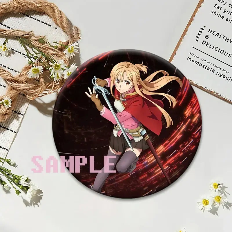 Circular sword art online lapel pin featuring an anime blonde girl in pink and red holding a sword on a dark fiery background