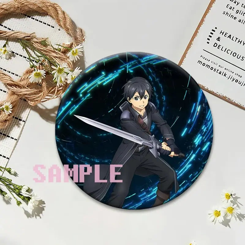 Circular sword art online kirito lapel pin featuring dark outfit anime character with sword on glowing blue background round anime badge