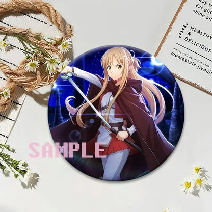Circular sword art online lapel pin featuring a blonde girl in red and white with a sword on a blue starry background