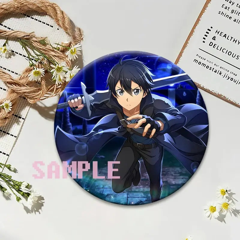 Circular blue sword art online kirito lapel pin featuring black-haired figure in dark attire holding sword round anime badge