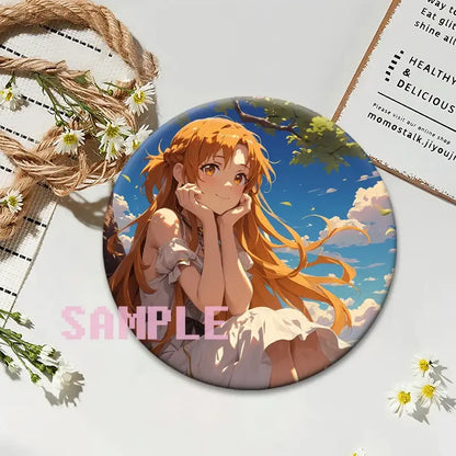 Circular sword art online round anime badge pin featuring asuna with long orange hair and white dress against blue sky