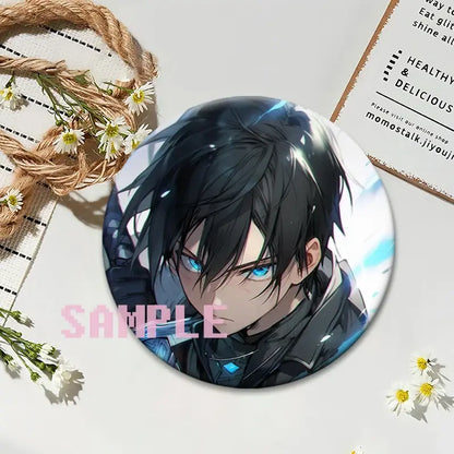Circular sword art online kirito lapel pin featuring dark-haired character with blue eyes and black-blue armor round anime badge