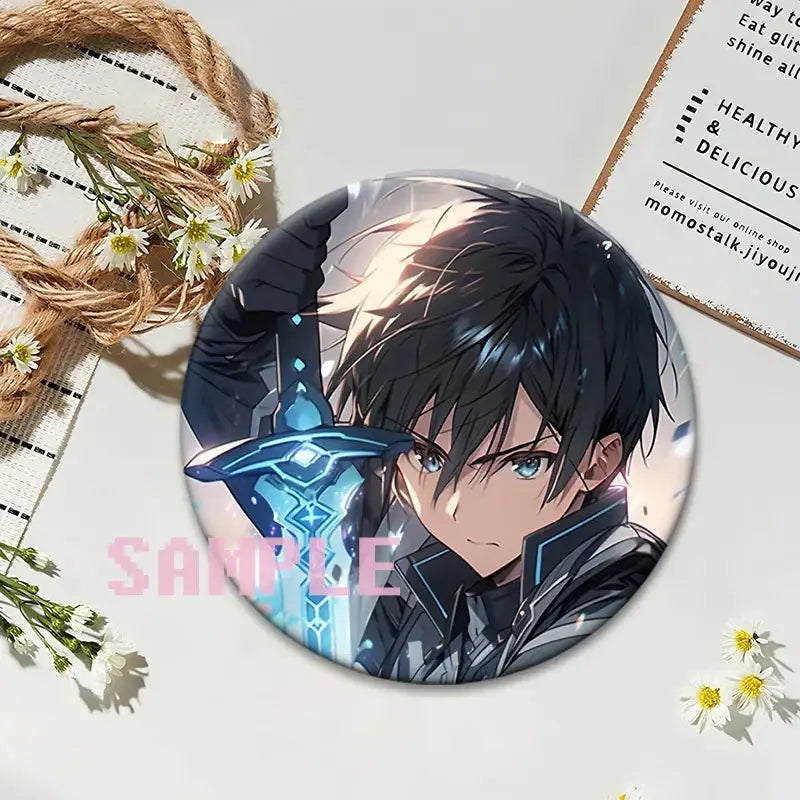 Sword art online kirito lapel pin round anime badge featuring black-haired male with blue eyes holding glowing blue sword on glossy material