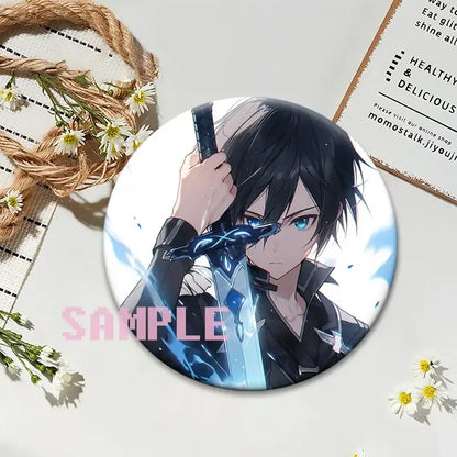 Circular sword art online kirito lapel pin featuring black hair anime character with blue eyes and glowing sword on glossy round anime badge