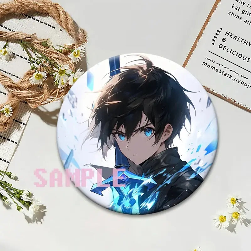 Sword art online kirito round anime badge pin featuring black-haired character with blue eyes and glowing energy effects
