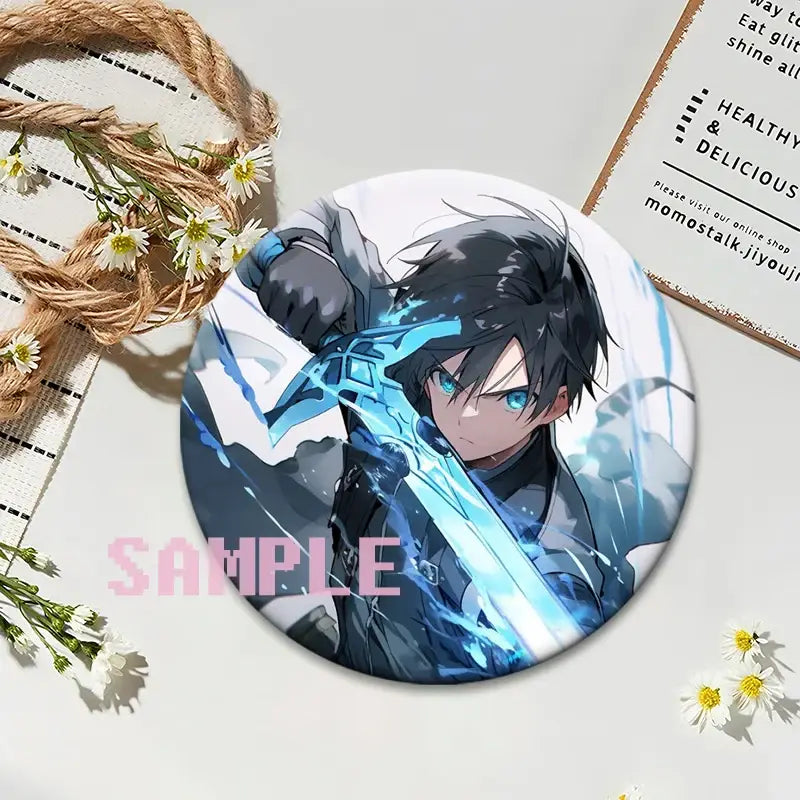 Circular sword art online kirito lapel pin featuring black-haired figure with blue eyes and glowing cyan sword on glossy material