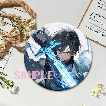 Circular sword art online kirito lapel pin featuring black-haired figure with blue eyes and glowing cyan sword on glossy material