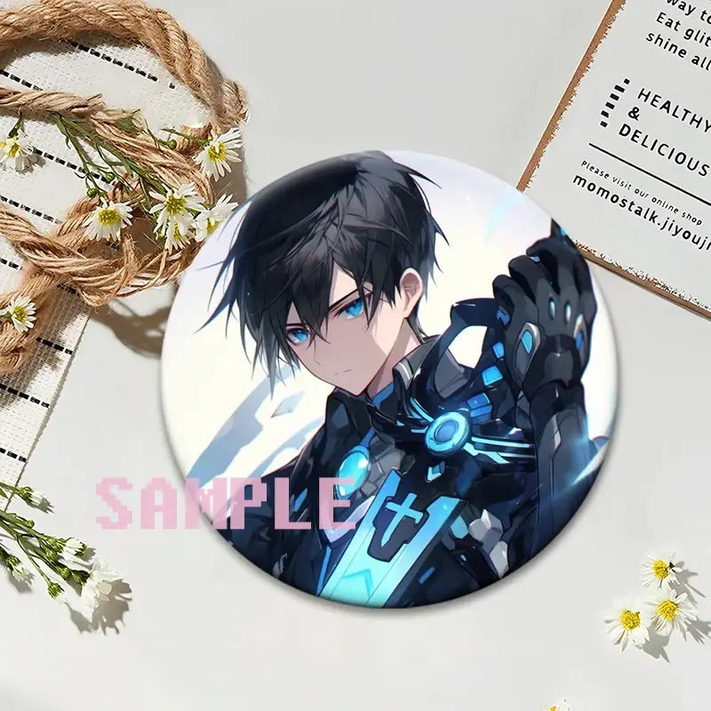 Sword art online kirito round anime badge featuring black hair character in dark suit with glowing cyan details