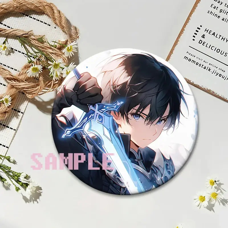 Round anime badge of sword art online featuring kirito with black hair and blue eyes holding a glowing sword on glossy material
