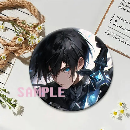 Sword art online kirito lapel pin featuring black-haired anime character with blue eyes and glowing armor on round anime badge