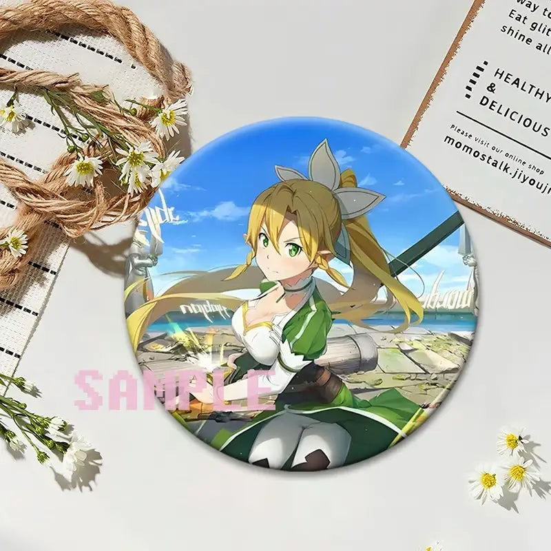Circular sword art online round anime badge featuring a blonde girl with green eyes in green and white outfit against blue sky