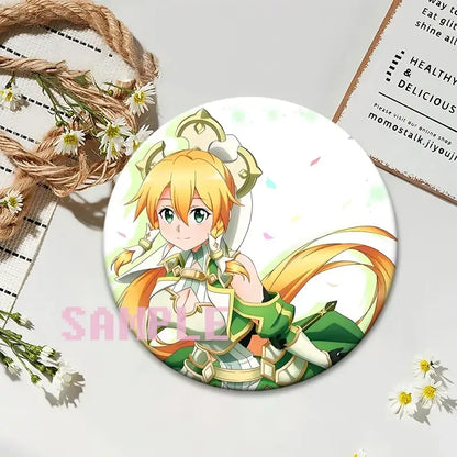 Circular sword art online kirito lapel pin featuring anime character in green and white armor with gold accents round anime badge