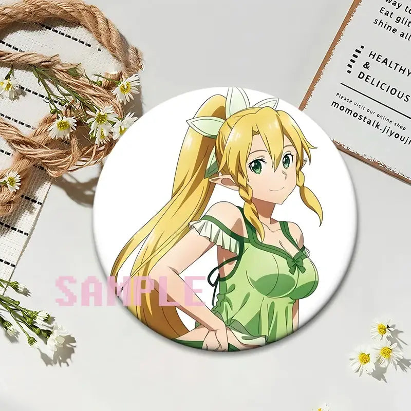White circular sword art online lapel pin featuring an anime character with blonde hair and pointed ears