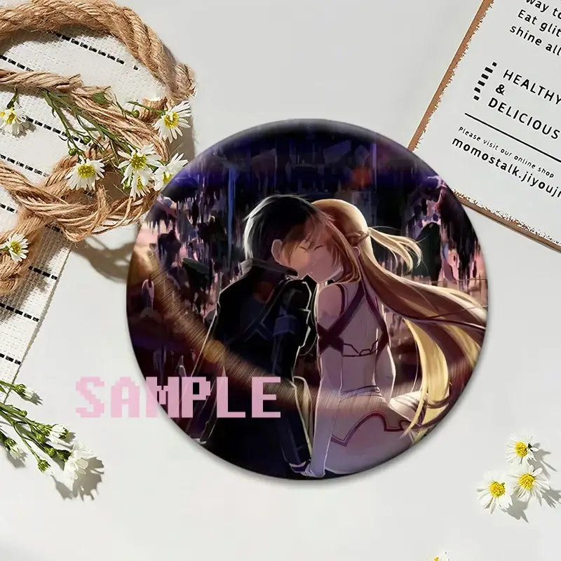 Sword art online kirito lapel pin round anime badge featuring dark illustration of two characters embracing cityscape backdrop