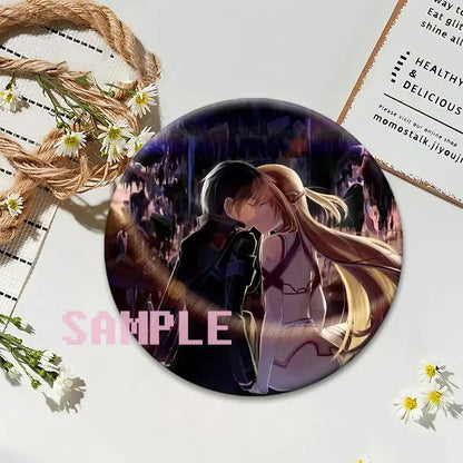 Sword art online kirito lapel pin round anime badge featuring dark illustration of two characters embracing cityscape backdrop