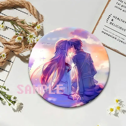 Sword art online kirito lapel pin round anime badge featuring two characters in a romantic embrace against pastel sunset