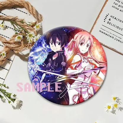 Sword art online kirito round anime badge pin with vibrant blue and orange backgrounds on glossy surface