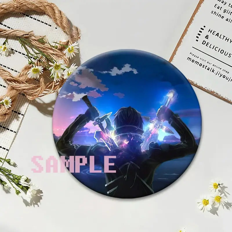 Sword art online round anime badge featuring kirito with glowing swords against a blue and purple twilight sky