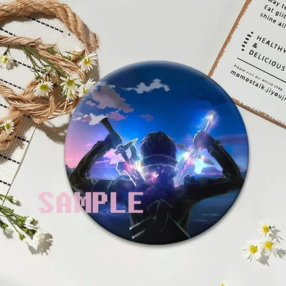 Sword art online round anime badge featuring kirito with glowing swords against a blue and purple twilight sky