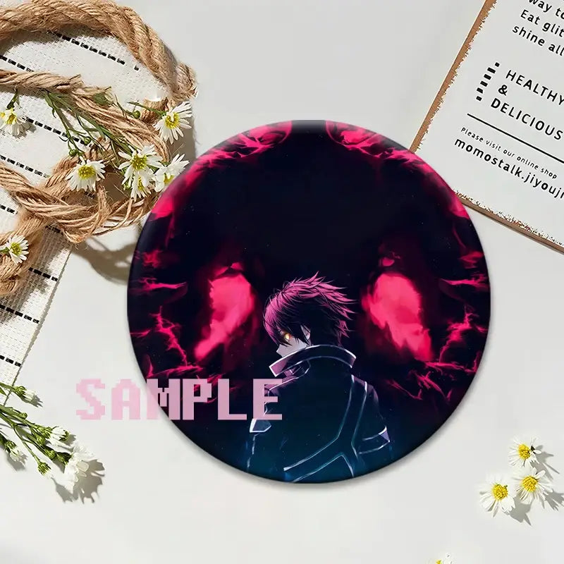 Sword art online kirito lapel pin round anime badge with spiky dark hair character on glossy black material