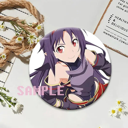 Circular sword art online kirito lapel pin featuring anime character with purple hair and red eyes round anime badge
