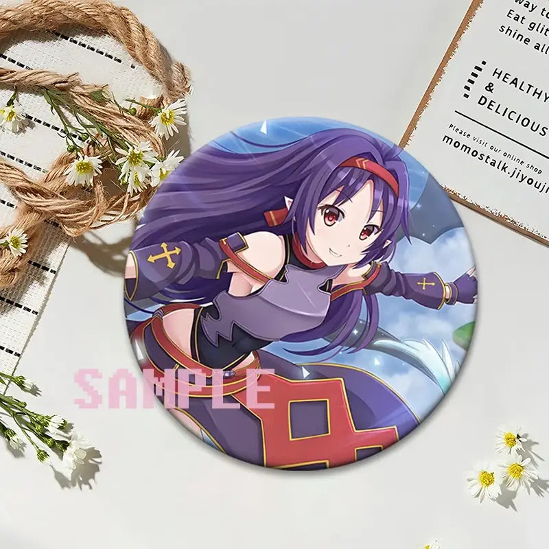 Circular sword art online round anime badge featuring a purple-haired girl in detailed red and gold armor pin