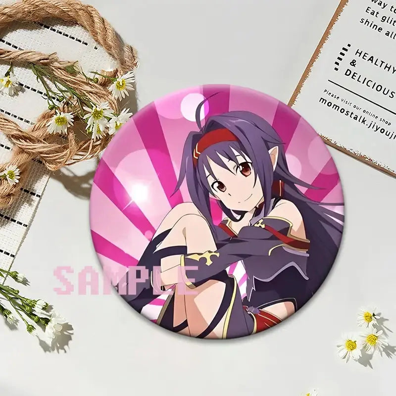 Pink circular sword art online lapel pin featuring purple-haired anime character in dark clothing round anime badge