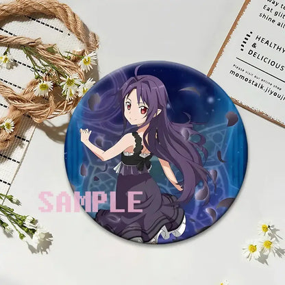 Circular sword art online round anime badge with anime character in dark blue dress and cosmic background
