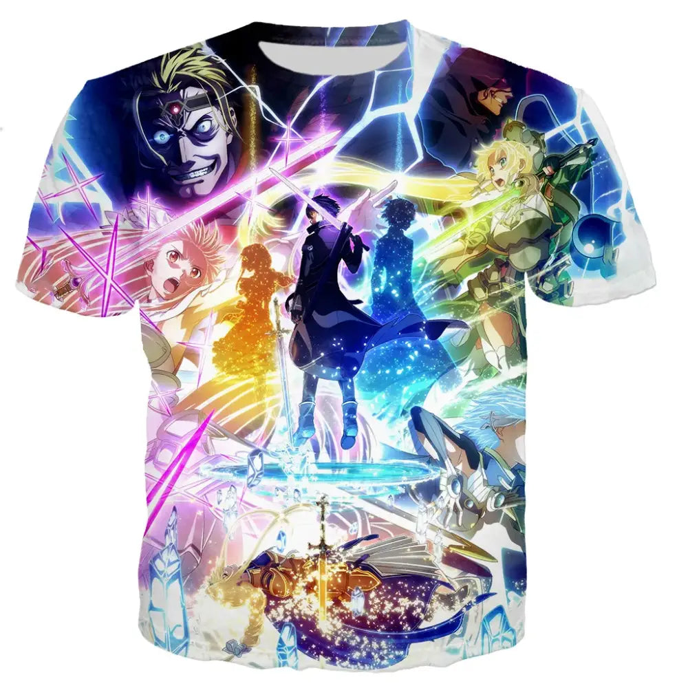 Vibrant sword art online kirito oversized short-sleeve t-shirt featuring dynamic 3d print with glowing crystals and action poses