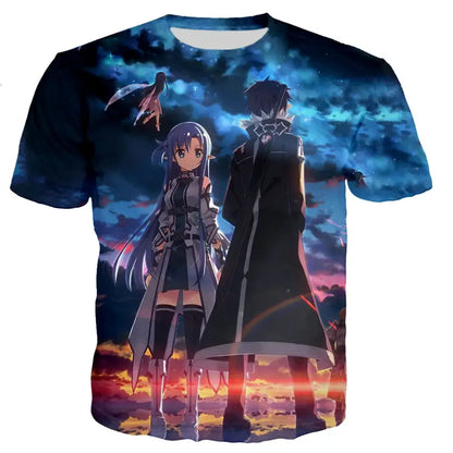Black short-sleeved sword art online kirito oversized t-shirt with vibrant 3d print of anime characters and dramatic sky background