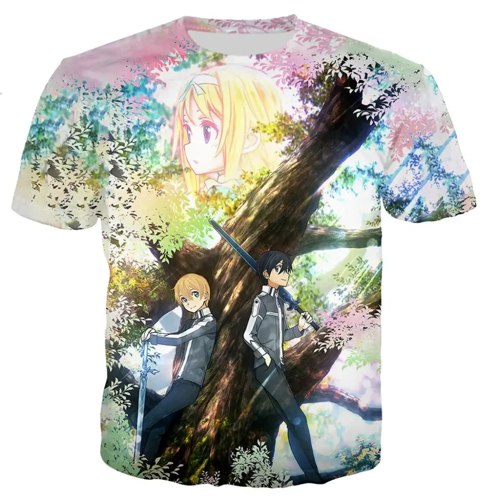 White short-sleeved oversized t-shirt with vibrant 3d sword art online kirito print and pastel blossoming trees background