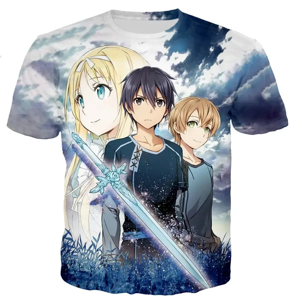 White short-sleeved t-shirt with full-body 3d sword art online kirito anime design on sky and grass backdrop