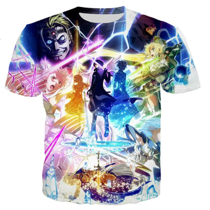 Vibrant oversized sword art online kirito short-sleeve t-shirt with dynamic 3d print of characters and glowing effects