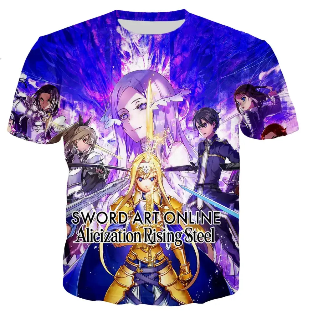 A vibrant purple and blue 3d-printed oversized t-shirt featuring Sword Art Online Alicization Rising Steel characters