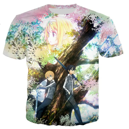 White short-sleeved oversized t-shirt with vibrant sword art online kirito 3d print on blossom tree background