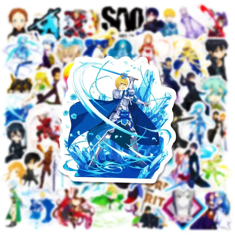 Blue and silver sword art online kirito sticker featuring a blonde warrior in armor with swirling ice effects