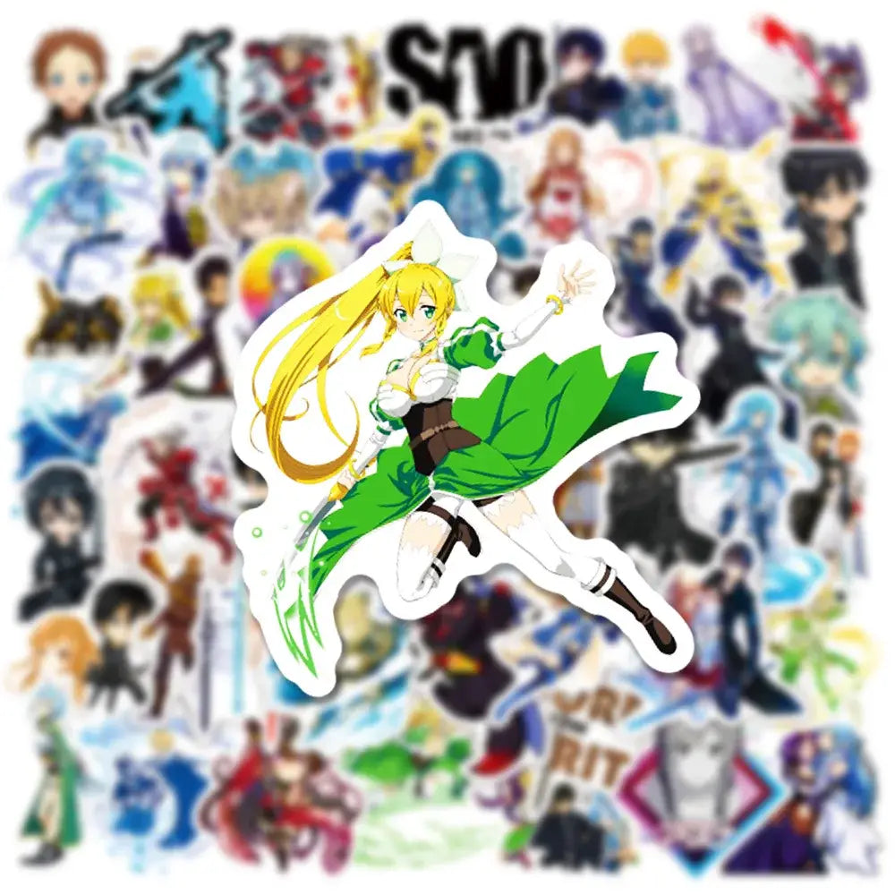 A vibrant green and white sword art online anime sticker featuring a blonde-haired character in an action pose
