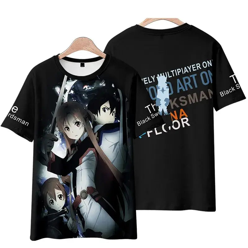 Black short-sleeve sword art online kirito tee shirt with 3d printed anime graphic and stylized text on back