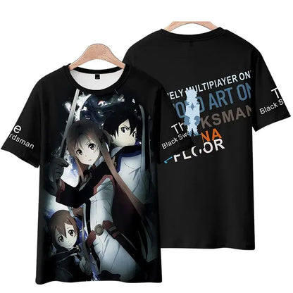 Black short-sleeve sword art online kirito tee shirt with 3d printed anime graphic and stylized text on back