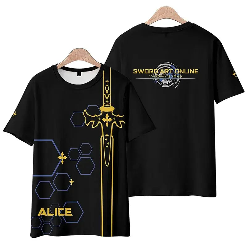 Black short sleeve sword art online kirito tee featuring gold blue sword and hex patterns labeled alice front and back