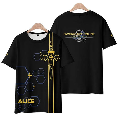 Black short sleeve sword art online kirito tee featuring gold blue sword and hex patterns labeled alice front and back