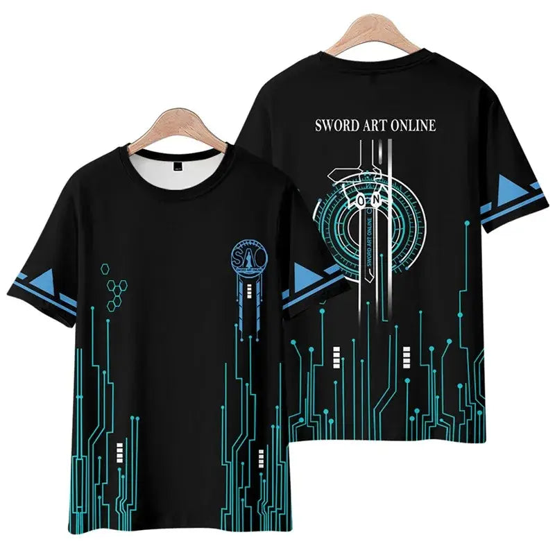 Back view of black short sleeve plus size sword art online kirito tee shirt with teal and white circuit board design and text