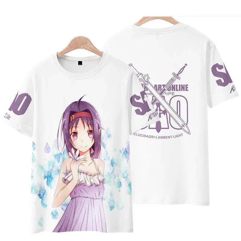 White short sleeve sword art online tee featuring anime purple-haired girl print with back crossed swords design
