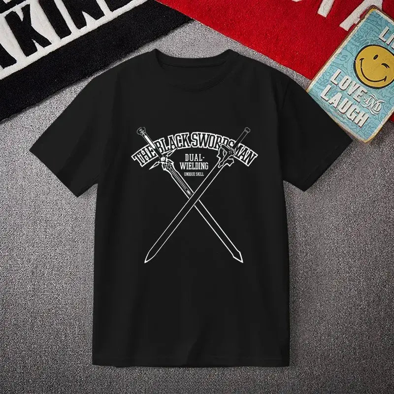 Black short-sleeved sword art online kirito tee shirt featuring white crossed swords and the black swordsman text
