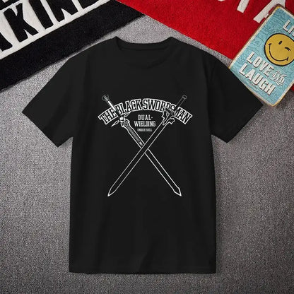 Black short-sleeved sword art online kirito tee shirt featuring white crossed swords and the black swordsman text
